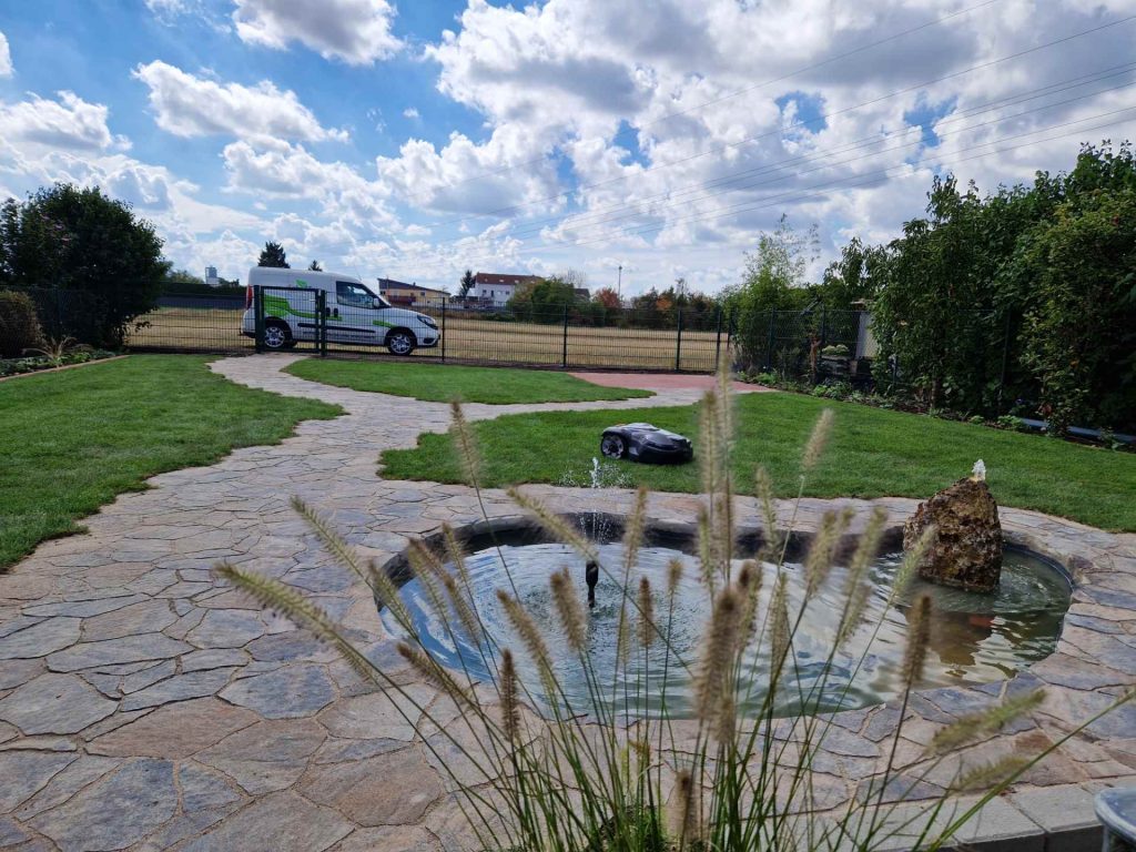 Halme, dahinter Wasser in gepflastertem Bereich und Wege zu Zaun, Schaffrin Garten und Landschaftsbau